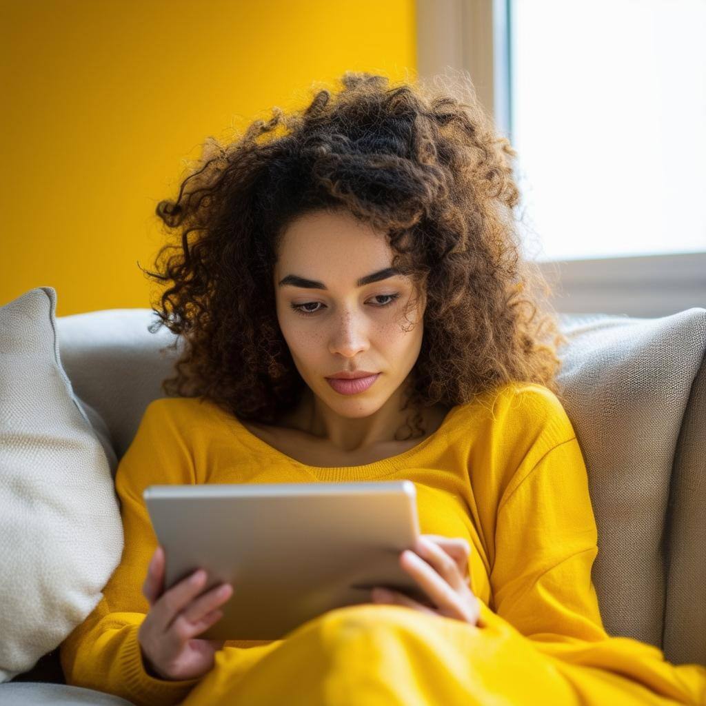 relaxed woman laying in a sofa working with an ipad, use yellow in image-2