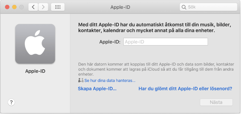 Dialogrutan för Apple-ID där ett Apple-ID kan anges. Med länken Skapa ett Apple-ID kan du skapa ett nytt Apple-ID.