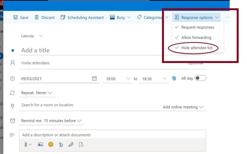 Hide attendee list in Outlook